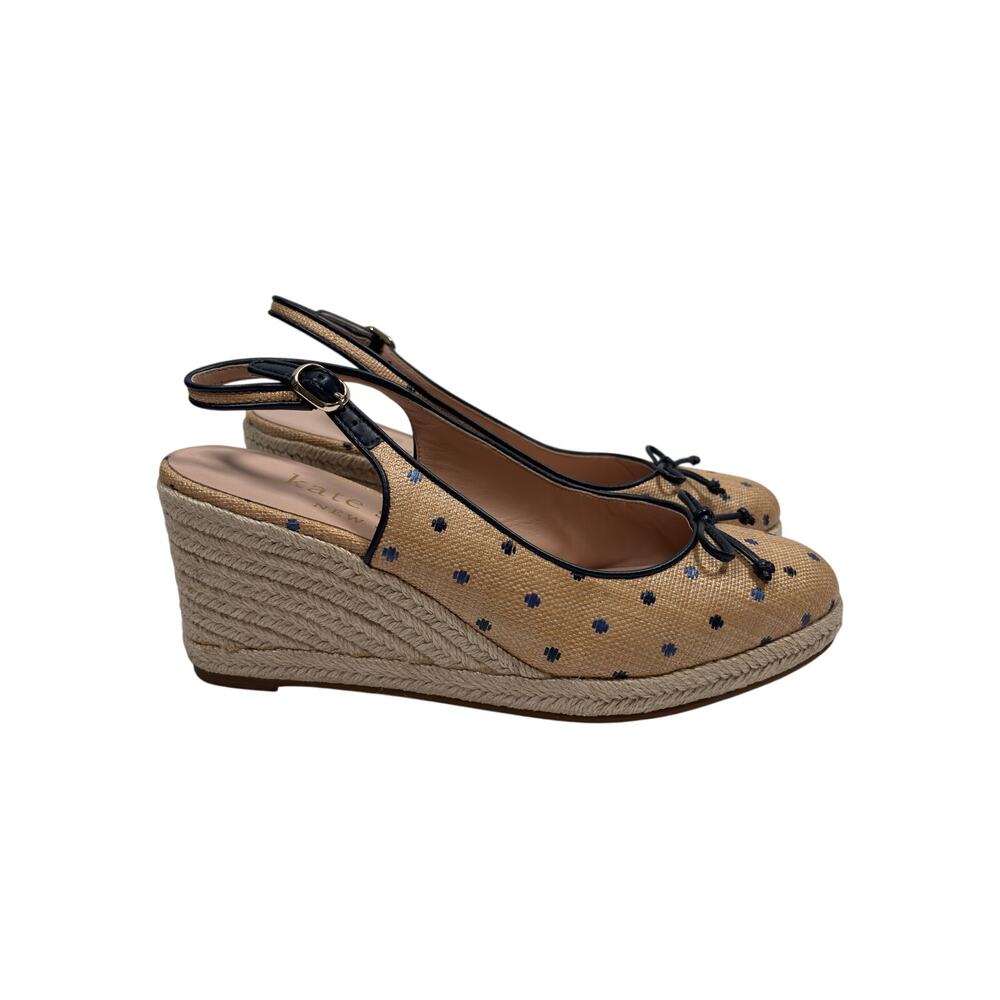 Kate Spade Panama Nights Espadrille Wedges Womens 9 Tan Navy Blue Bow Slingback